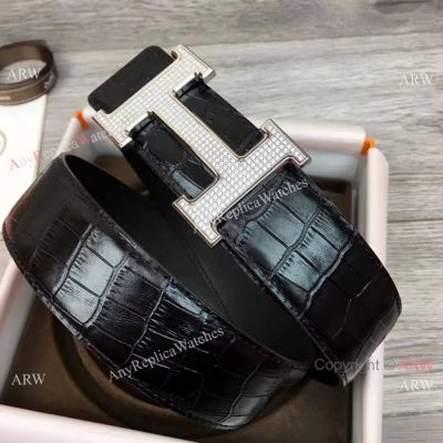 Copy Hermes Men Belts Crocodile motif Leather Belt Diamond-set Buckle